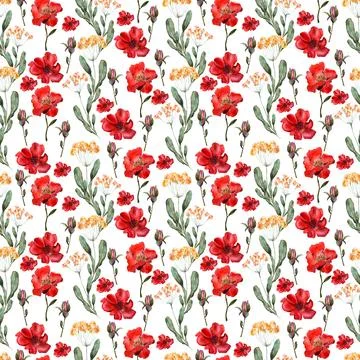 Watercolor seamless pattern with red flower, pansies and green meadow plants Stock Illustration