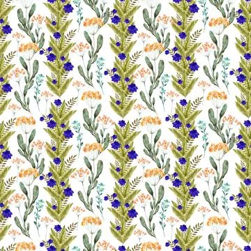 Watercolor seamless pattern with red flower, pansies and green meadow plants Stock Illustration