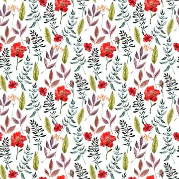 Watercolor seamless pattern with red flower, pansies and green meadow plants Stock Illustration