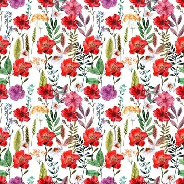 Watercolor seamless pattern with red flower, pansies and green meadow plants Stock Illustration