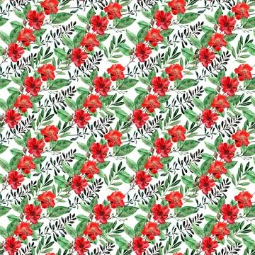 Watercolor seamless pattern with red flower, pansies and green meadow plants Stock Illustration
