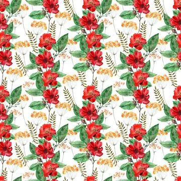 Watercolor seamless pattern with red flower, pansies and green meadow plants Stock Illustration
