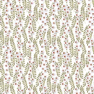 Watercolor seamless pattern with red flower, pansies and green meadow plants Stock Illustration