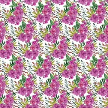 Watercolor seamless pattern with red flower, pansies and green meadow plants Stock Illustration