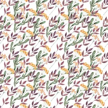 Watercolor seamless pattern with red flower, pansies and green meadow plants Stock Illustration
