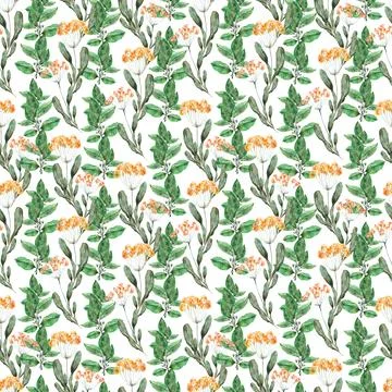 Watercolor seamless pattern with red flower, pansies and green meadow plants Stock Illustration