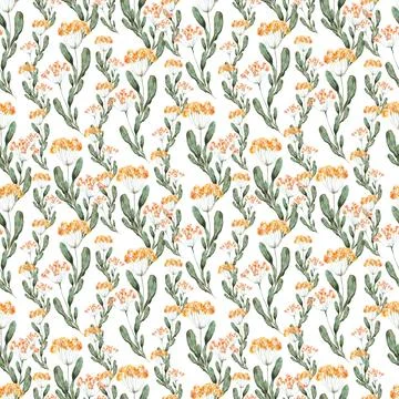 Watercolor seamless pattern with red flower, pansies and green meadow plants Stock Illustration