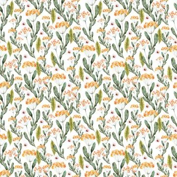 Watercolor seamless pattern with red flower, pansies and green meadow plants Stock Illustration