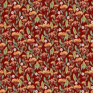 Watercolor seamless pattern with red flower, pansies and green meadow plants Stock Illustration