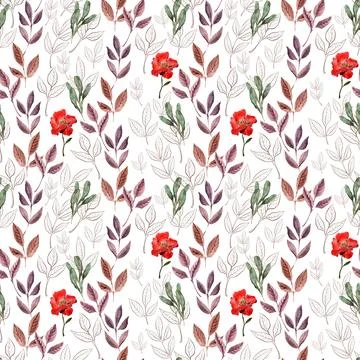 Watercolor seamless pattern with red flower, pansies and green meadow plants Stock Illustration