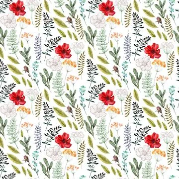 Watercolor seamless pattern with red flower, pansies and green meadow plants Stock Illustration