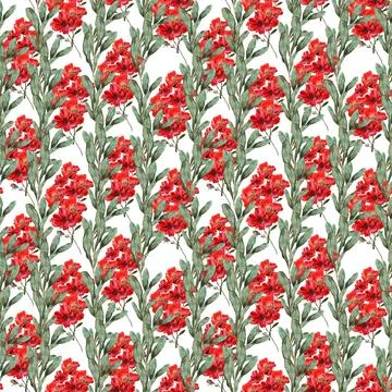 Watercolor seamless pattern with red flower, pansies and green meadow plants Stock Illustration