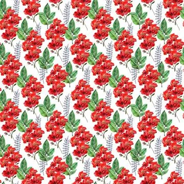 Watercolor seamless pattern with red flower, pansies and green meadow plants Stock Illustration