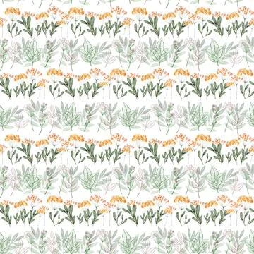 Watercolor seamless pattern with red flower, pansies and green meadow plants Stock Illustration