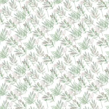 Watercolor seamless pattern with red flower, pansies and green meadow plants Stock Illustration