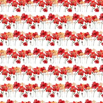 Watercolor seamless pattern with red flower, pansies and green meadow plants Stock Illustration
