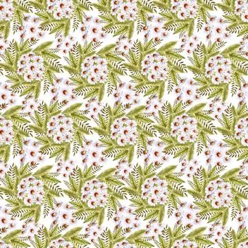Watercolor seamless pattern with red flower, pansies and green meadow plants Stock Illustration