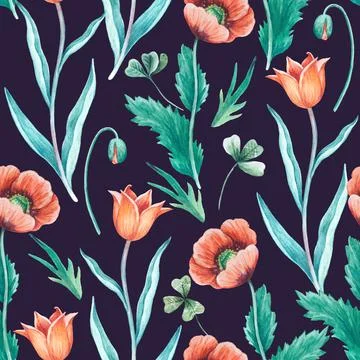 Watercolor seamless pattern with red wild poppy and tulip flowers. Stock Illustration