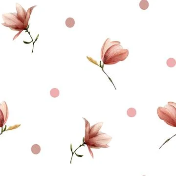 Watercolor seamless pattern repeat print of pink flower magnolia realistic Stock Illustration