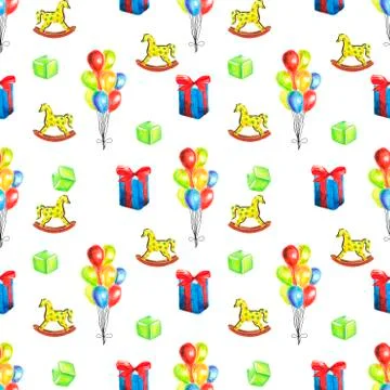Watercolor seamless pattern with retro toys on white background Stock Illustration