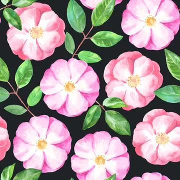 Watercolor seamless pattern with rose hip flowers. Gentle pastel print for Stock Illustration