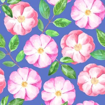 Watercolor seamless pattern with rose hip flowers. Gentle pastel print for Stock Illustration