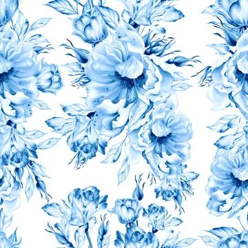 Watercolor seamless pattern with roses and peony flowers. Illustration Stock Illustration