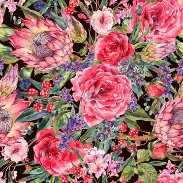 Watercolor seamless pattern with roses, protea and wildflowers Stock Illustration