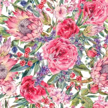 Watercolor seamless pattern with roses, protea and wildflowers Stock Illustration