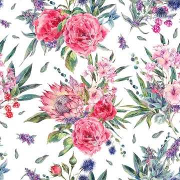 Watercolor seamless pattern with roses, protea and wildflowers Stock Illustration