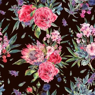 Watercolor seamless pattern with roses, protea and wildflowers Stock Illustration