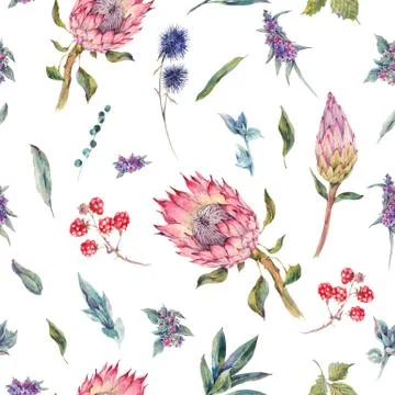 Watercolor seamless pattern with roses, protea and wildflowers Stock Illustration