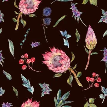 Watercolor seamless pattern with roses, protea and wildflowers Stock Illustration