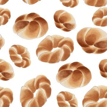 A watercolor seamless pattern with round buns. Fragrant golden buns for your  Stock Illustration
