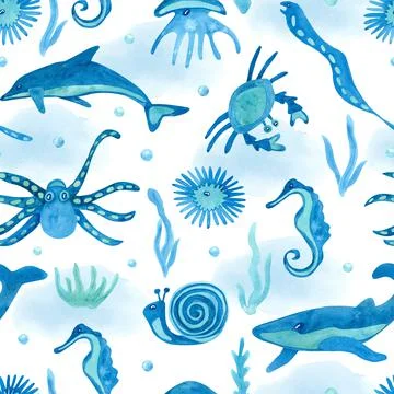 Watercolor seamless pattern with sea creatures on white. Stock Illustration