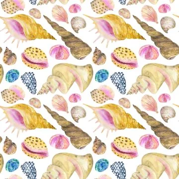 Watercolor seamless pattern of seashells. Stock Illustration
