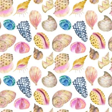 Watercolor seamless pattern of seashells. Illustrazione stock