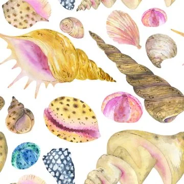 Watercolor seamless pattern of seashells. Stock Illustration