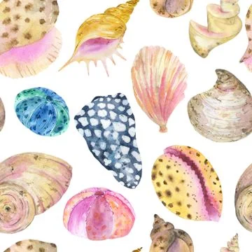 Watercolor seamless pattern of seashells. Stock Illustration