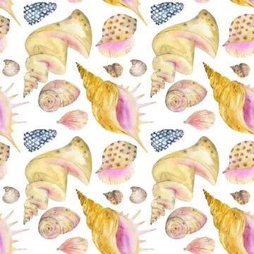 Watercolor seamless pattern of seashells. Stock Illustration