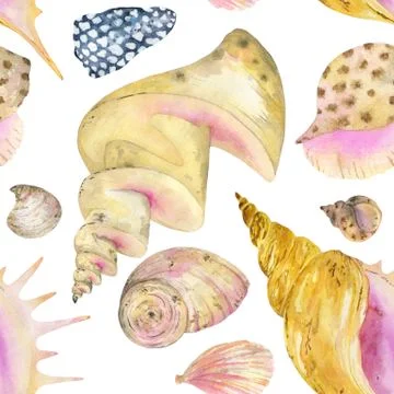 Watercolor seamless pattern of seashells. 스톡 일러스트