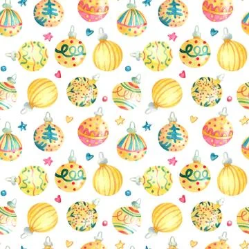 Watercolor seamless pattern with shining gold Christmas balls on white Stock Illustration