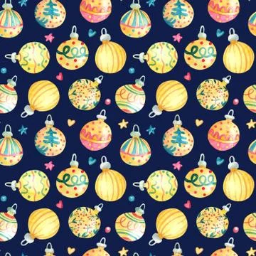 Watercolor seamless pattern with shining gold Christmas balls on navy blue. Stock Illustration
