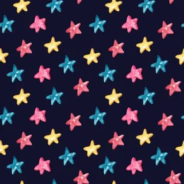 Watercolor seamless pattern with shining star shaped candies on deep blue. Illustrazione stock