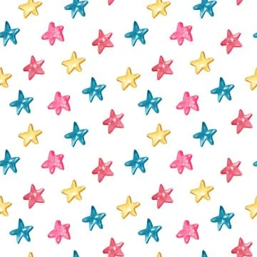 Watercolor seamless pattern with shining stars on white. Stock Illustration