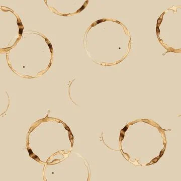 Watercolor seamless pattern showcasing brown coffee rings on a beige backdrop Stock Illustration