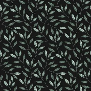Watercolor seamless pattern with simple branches and leaves. Minimalistic e.. Stock Illustration