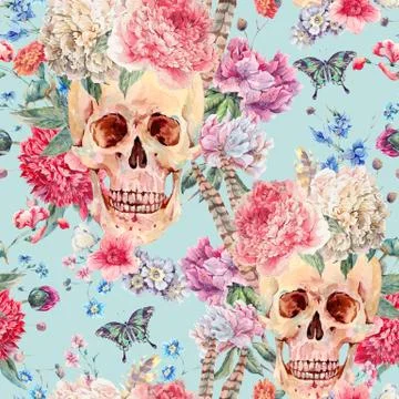 Watercolor seamless pattern with skull and pink peony Stock-Illustration