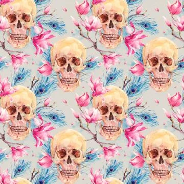 Watercolor seamless pattern with skull and Magnolia Stock Illustration