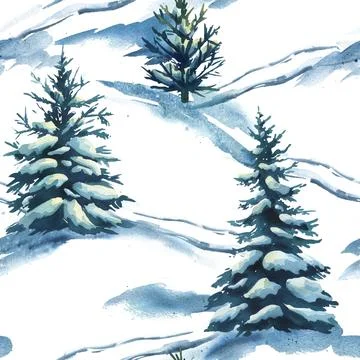 Watercolor seamless pattern of snow-covered fir trees on a winter forest ground イラスト素材